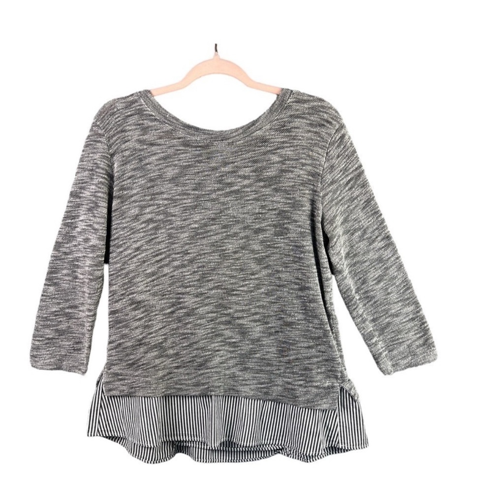 Anthropologie Gray Top with blue and white striped ruffle